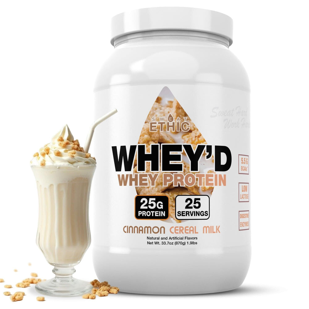 Sweat Ethic Whey'd bottle pour shows smooth shake potential for post-workout recovery.