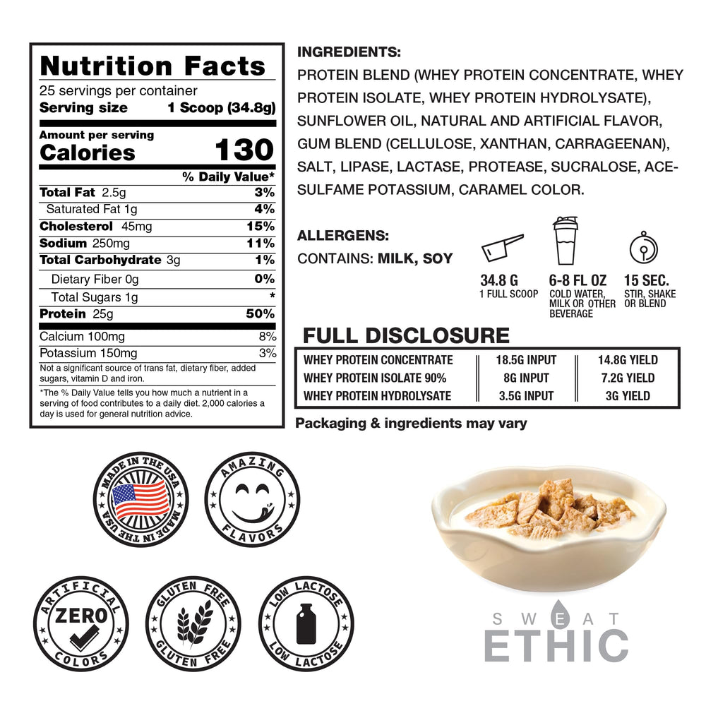 Sweat Ethic Whey'd label closeup highlights Cinnamon Cereal Milk flavor details.