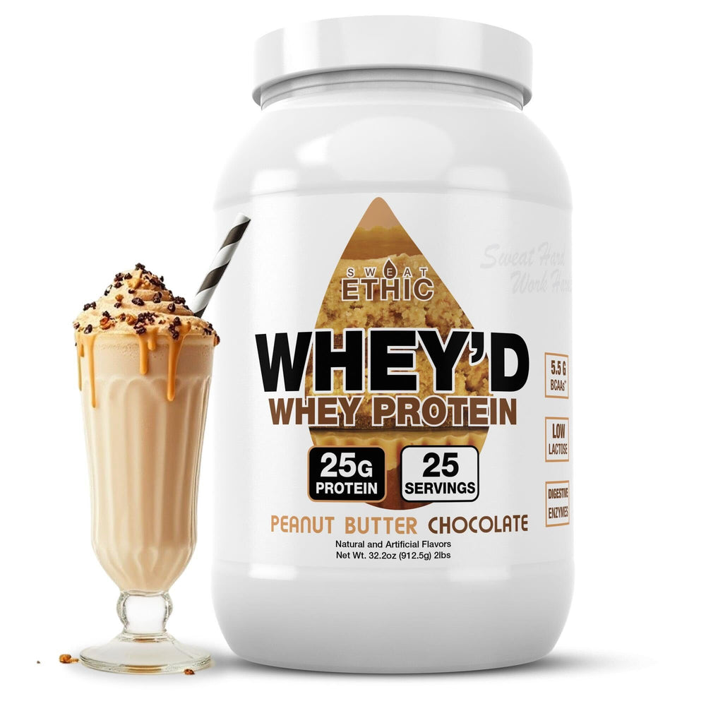 Sweat Ethic Whey'd Protein Powder front-label shows premium protein blend for post-workout recovery