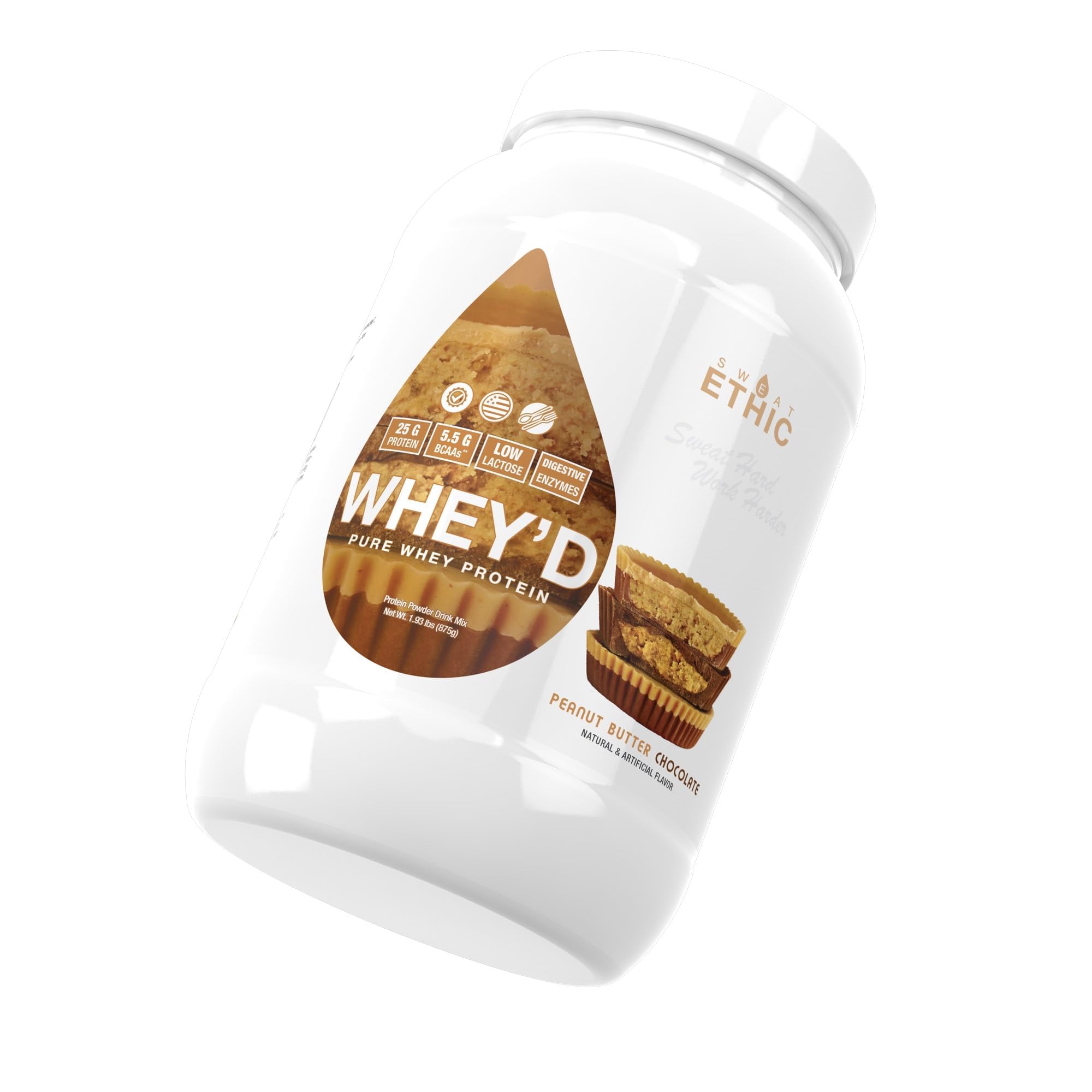 Sweat Ethic Whey'd protein powder label closeup showcases packaging details and nutritional info