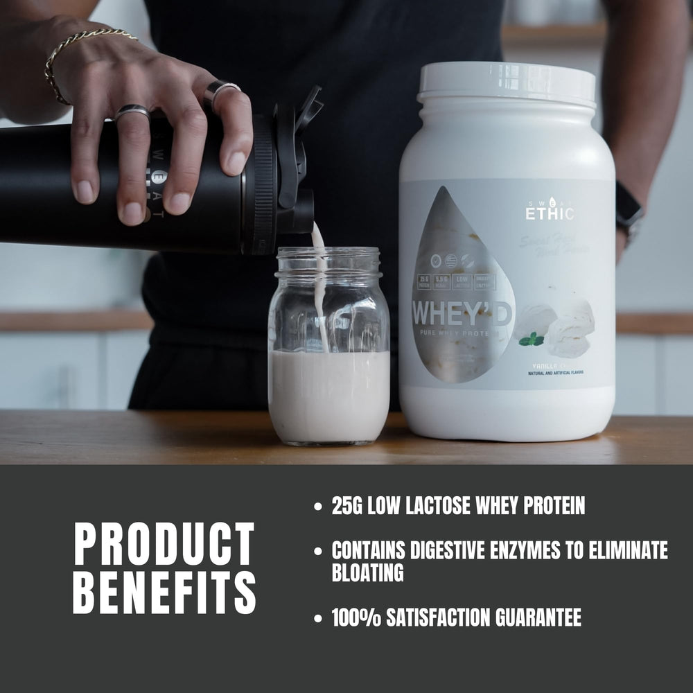 Sweat Ethic Whey'd protein powder serving scoop emphasizes convenient daily protein serving