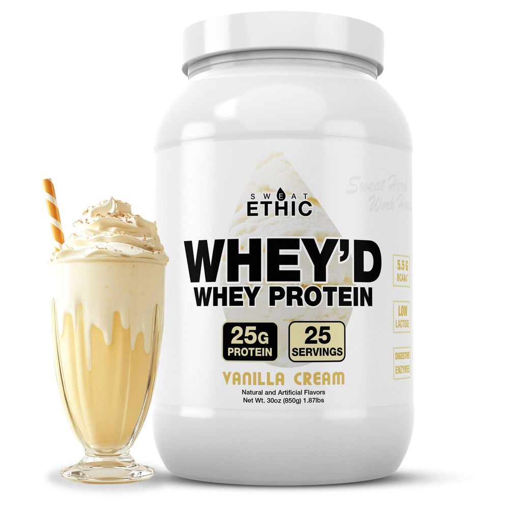 Sweat Ethic Wheyd protein tub in vanilla cream for post-workout fueling.
