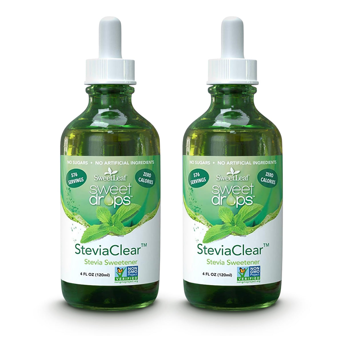 Front view of SweetLeaf Steviaclear liquid extract 4 oz set of 2 bottles