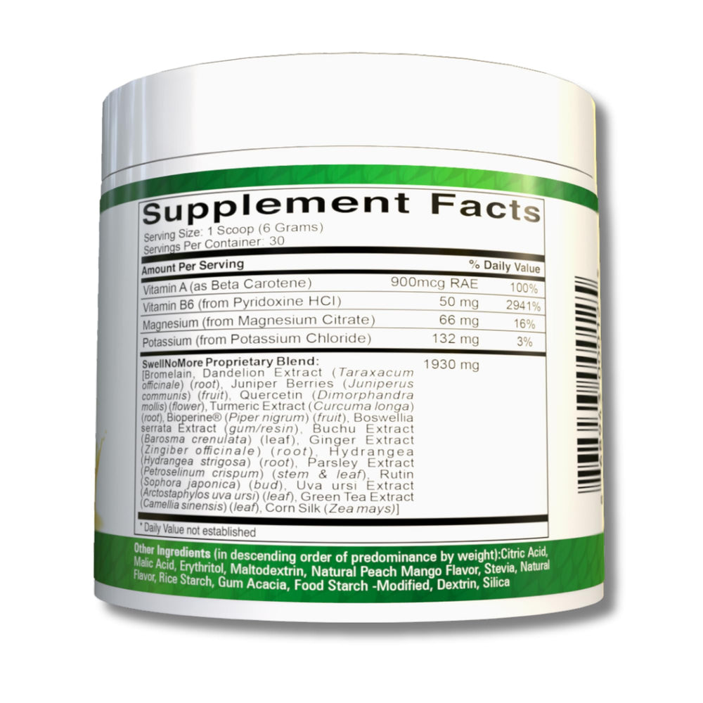 Natural ingredients list for SwellNoMore including diuretics and release agents