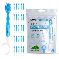 SwiftBrush 5-in-1 disposable travel toothbrush with mint flavor and built-in toothpaste
