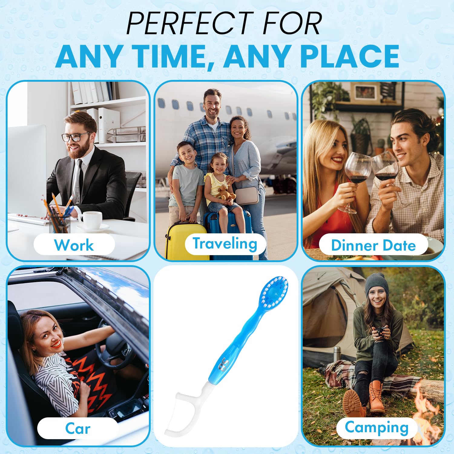 All-in-one oral care on the go: toothpaste, floss, toothpick, and tongue scraper