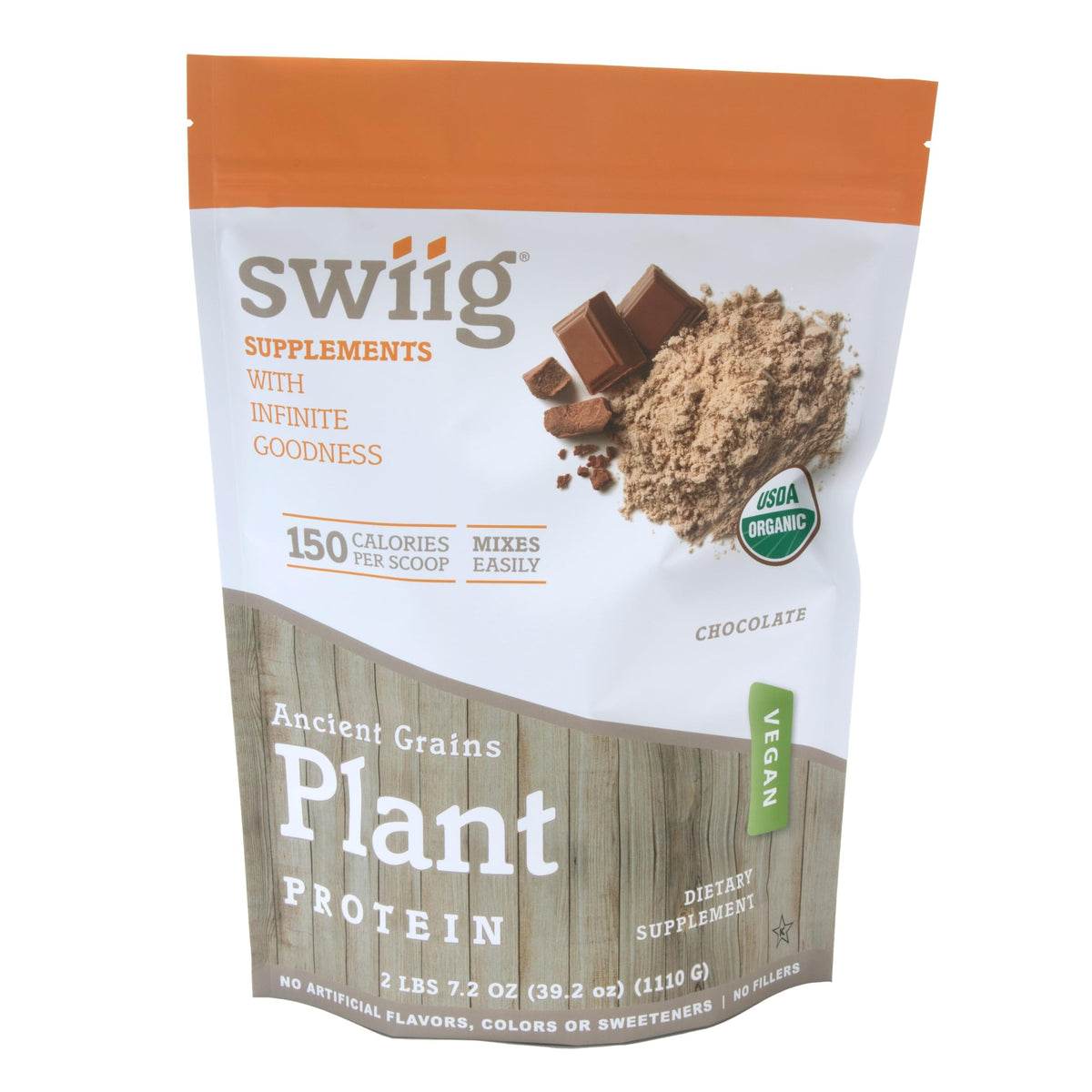 Tub of swiig Organic Ancient Grains Plant Protein Chocolate 2.7 lb