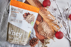 Swiig Whey Matrix chocolate nutrition label shows protein per serving for daily recovery planning.