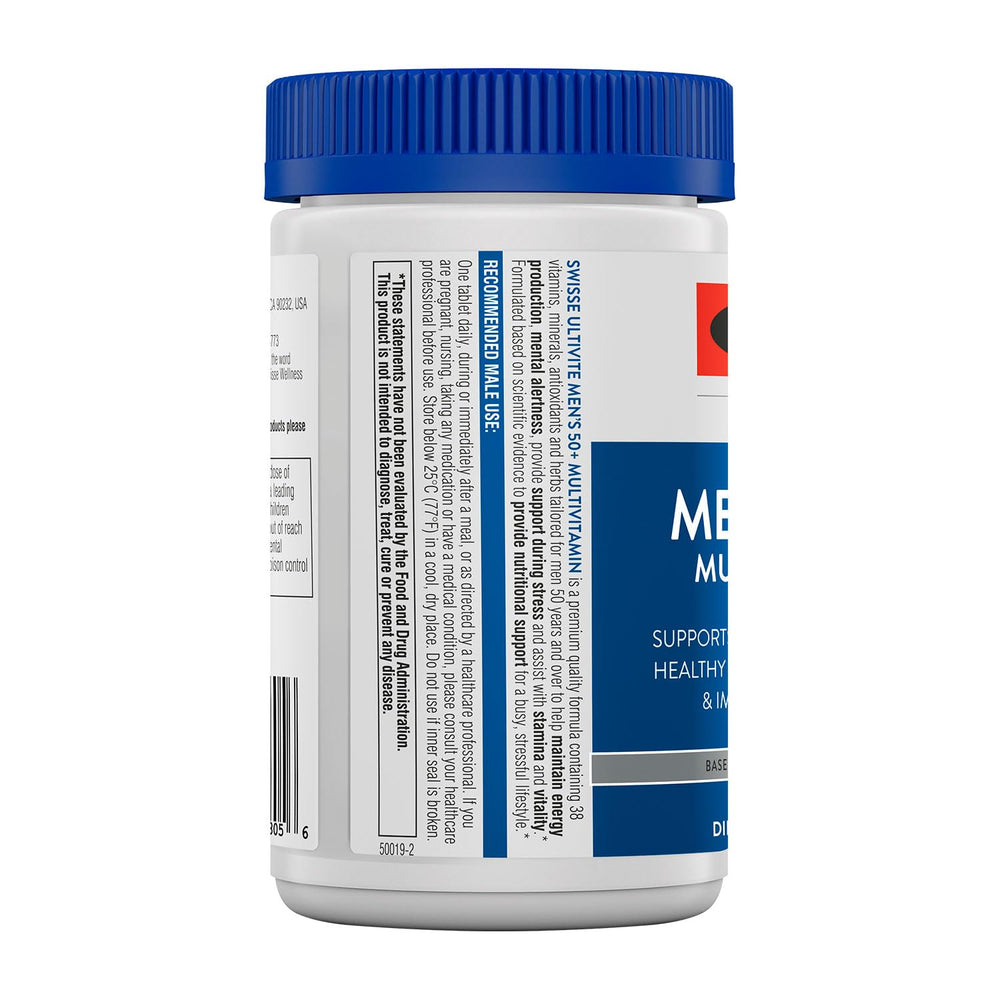 Front view of Swisse Men 50+ multivitamin bottle with label