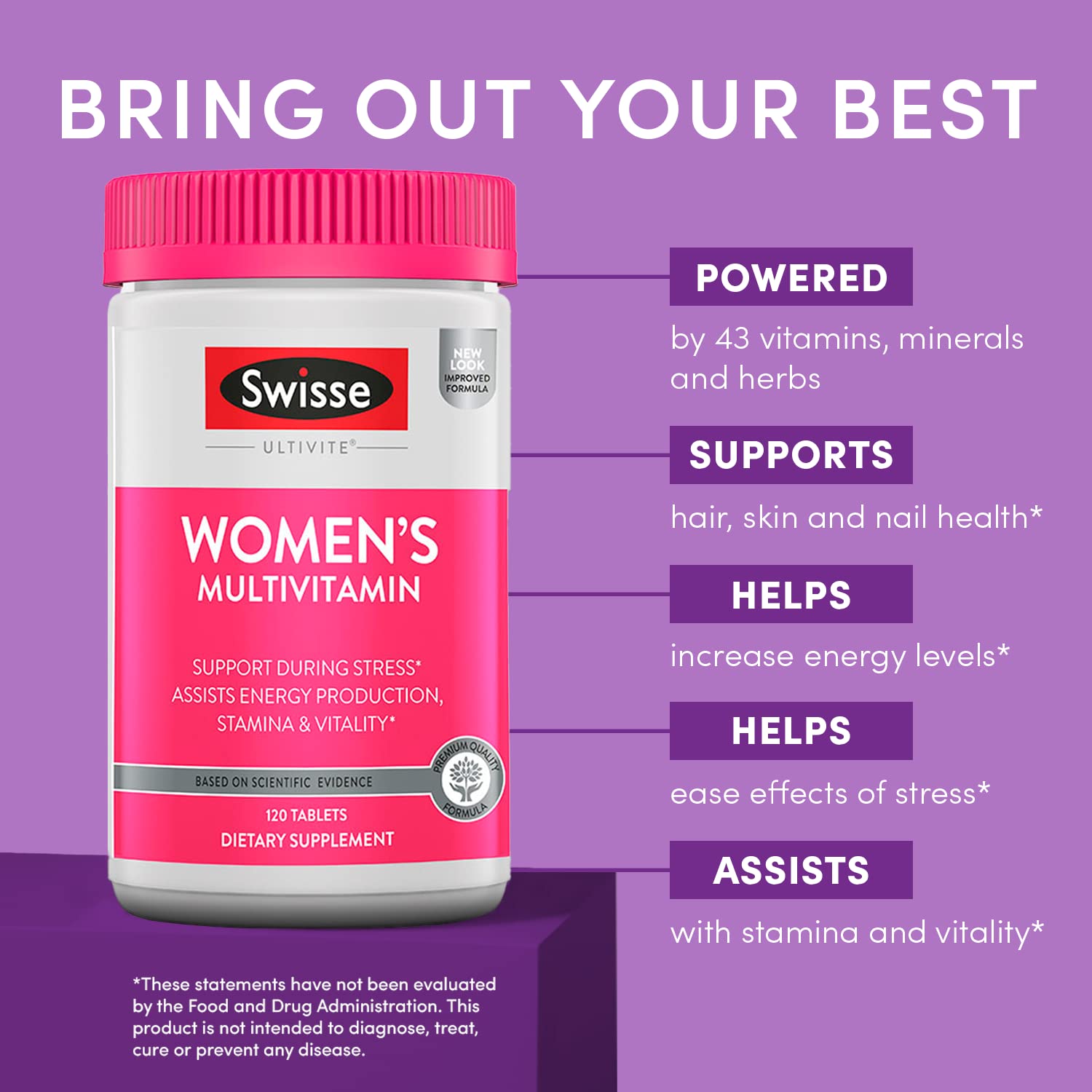Swisse Multivitamin for Women featuring 47 nutrients and adaptogens