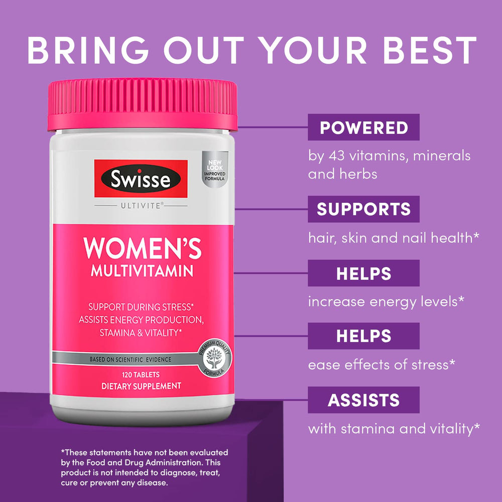 Swisse Multivitamin for Women featuring 47 nutrients and adaptogens