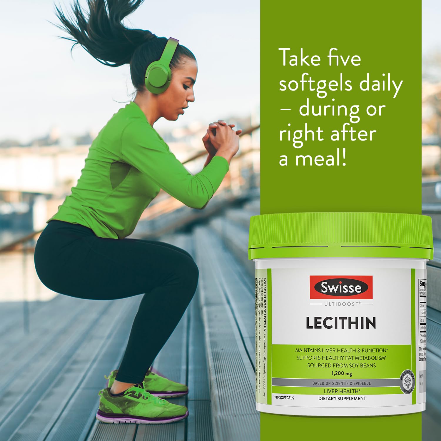 Swisse Soy Lecithin 1200mg softgels arranged with cap off