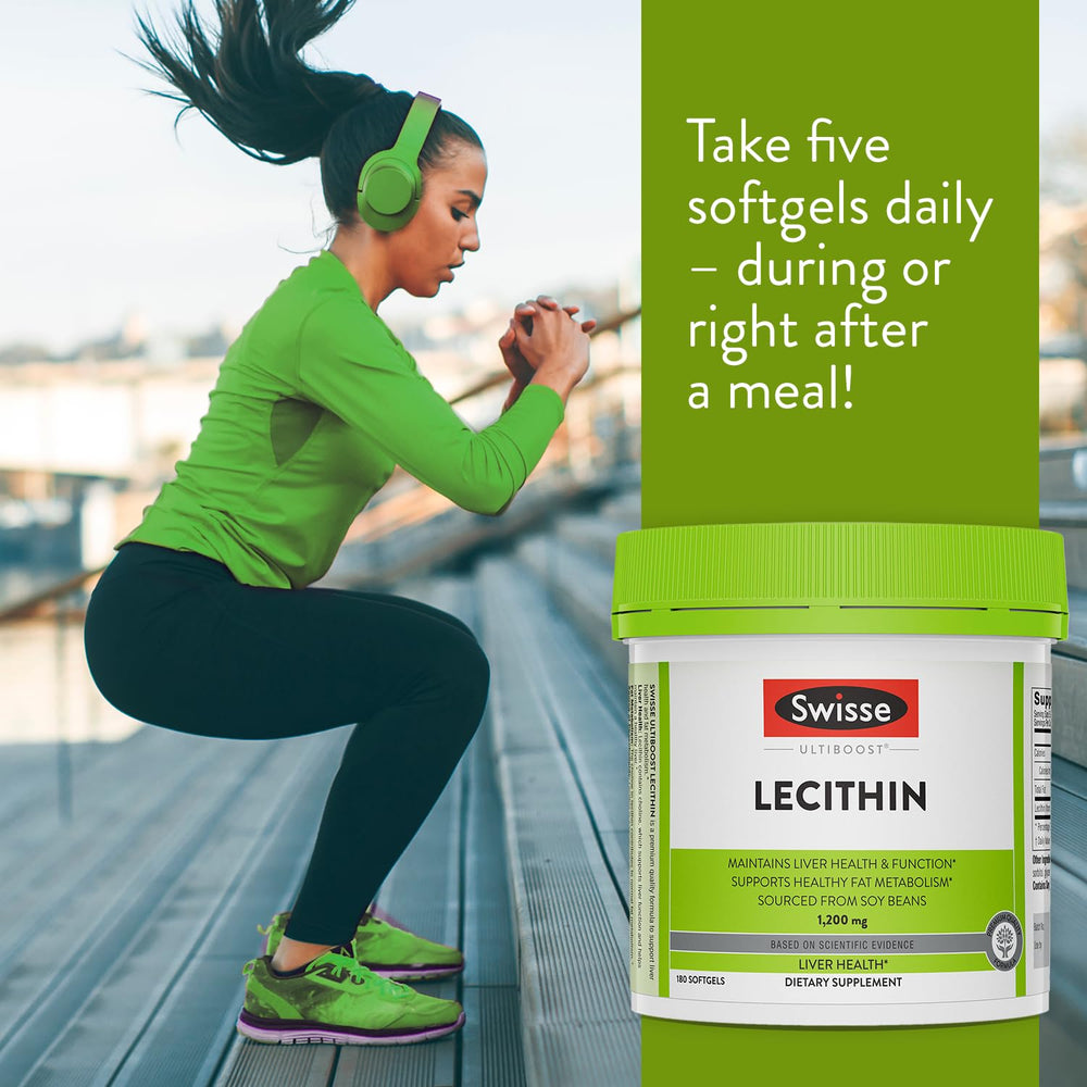 Swisse Soy Lecithin 1200mg softgels arranged with cap off