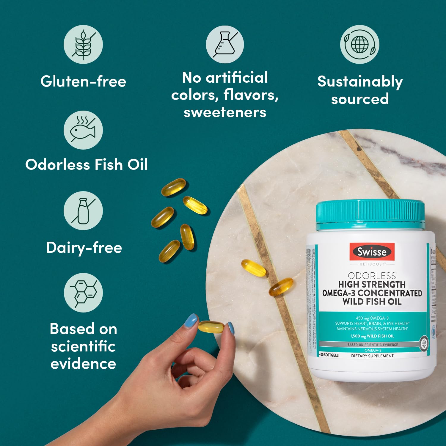 Heart, brain, and eyes health icons representing omega-3 benefits