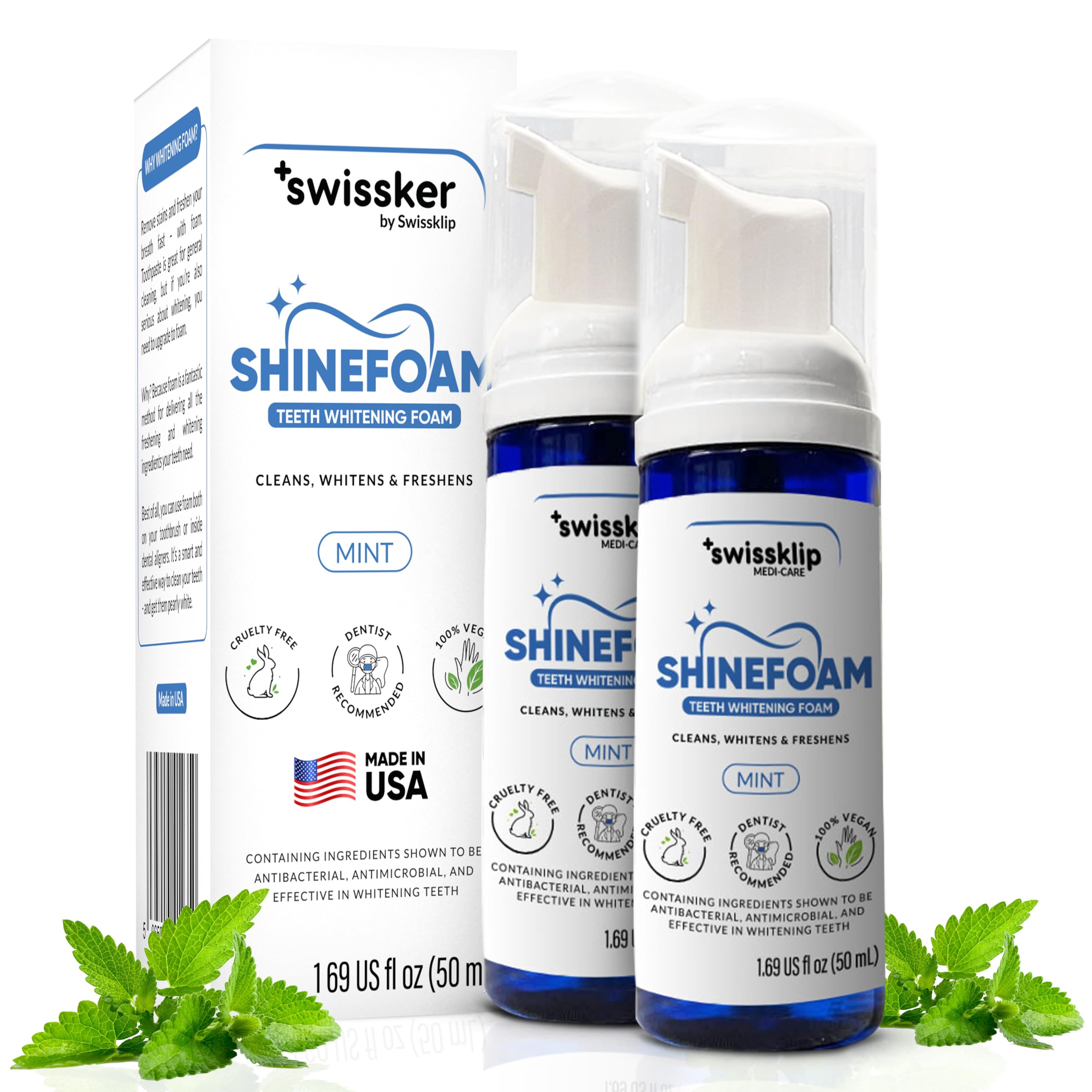Swissklip ShineFoam Mint Teeth Whitening Foam bottle and packaging