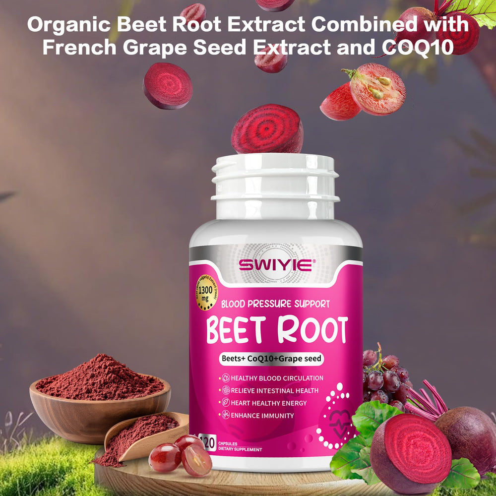 Swiyie Beet Root Capsules glass with water implies two-per-day intake