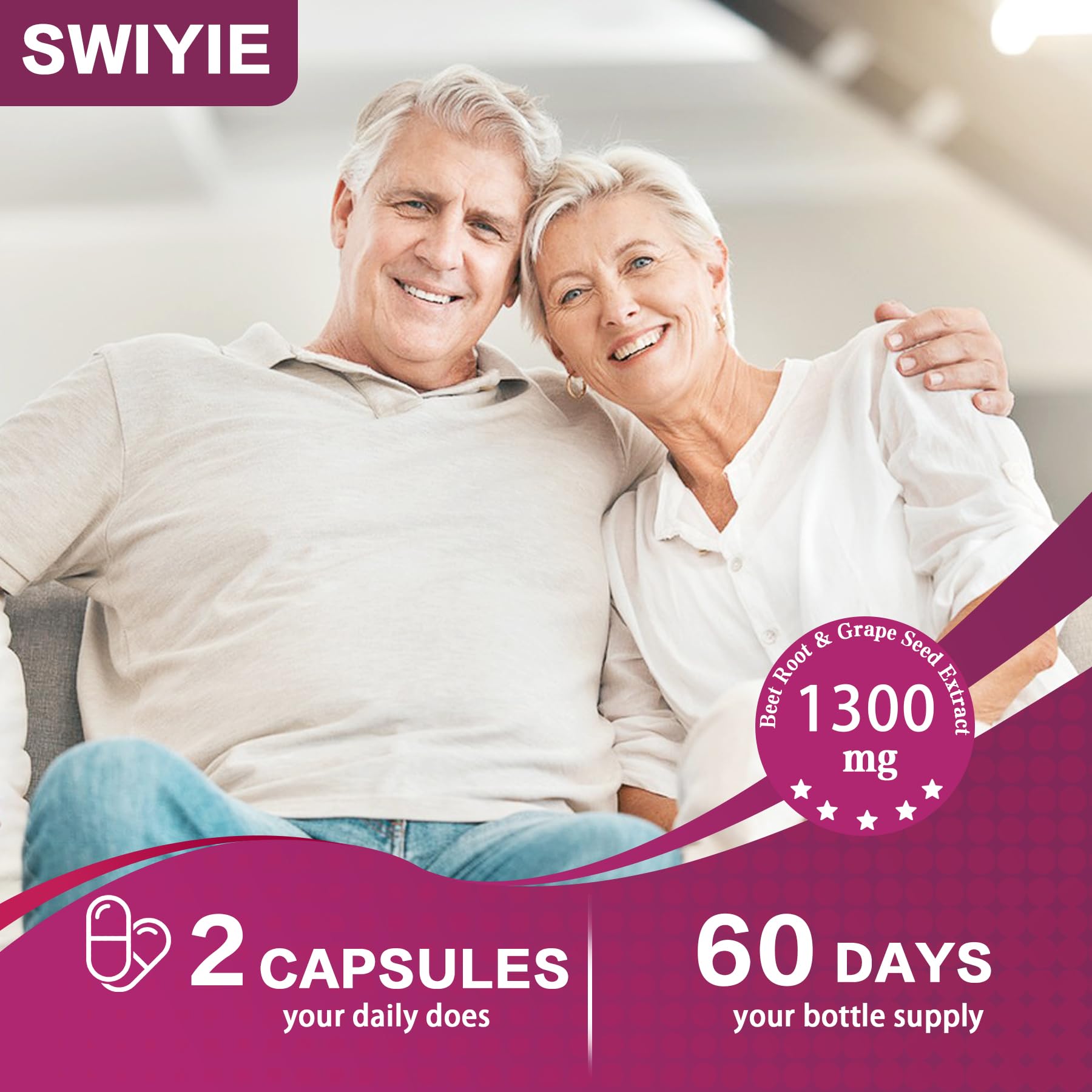 Swiyie Beet Root Capsules label shows 1300mg serving with grape seed extract