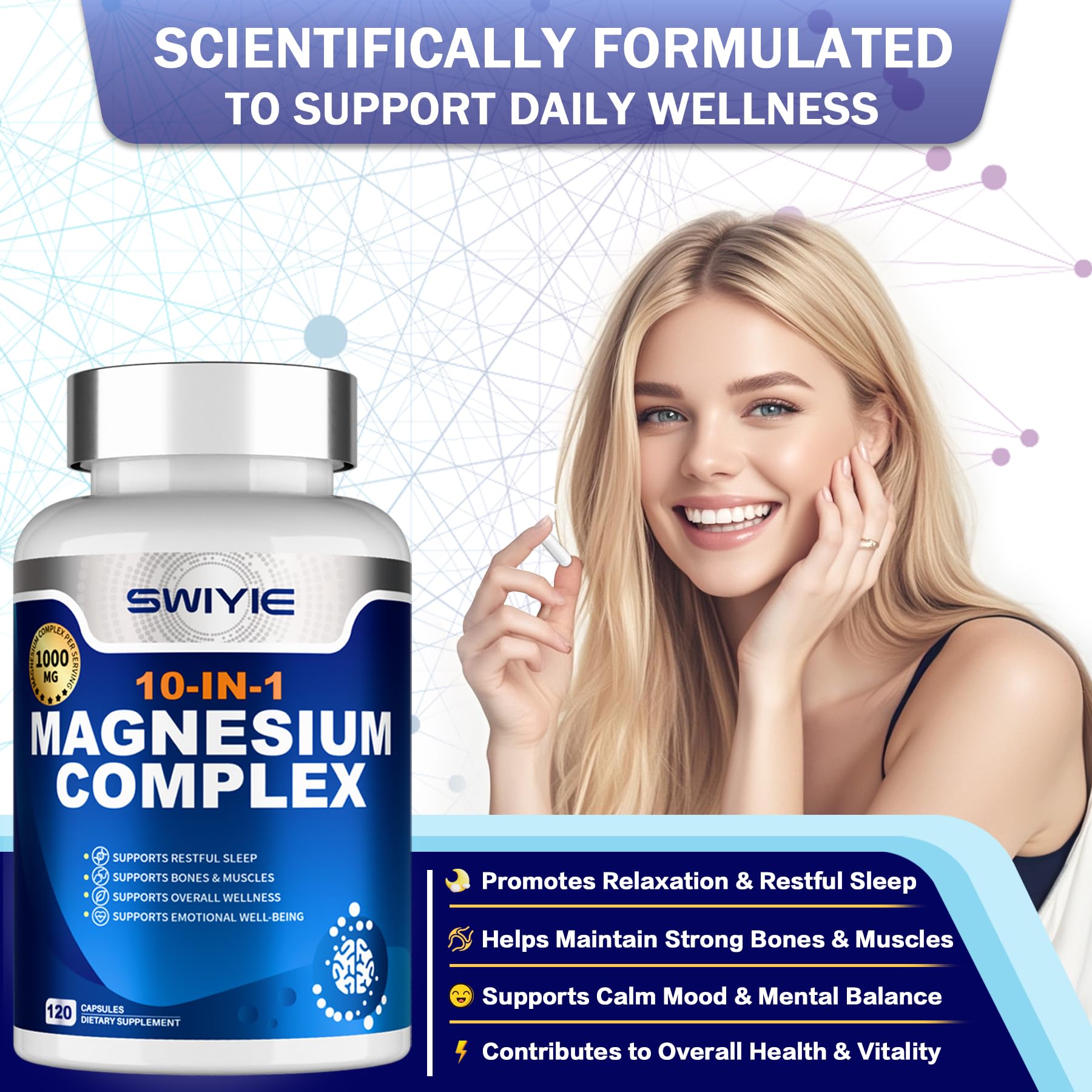 Capsules close-up of SWIYIE Magnesium Complex 10-in-1