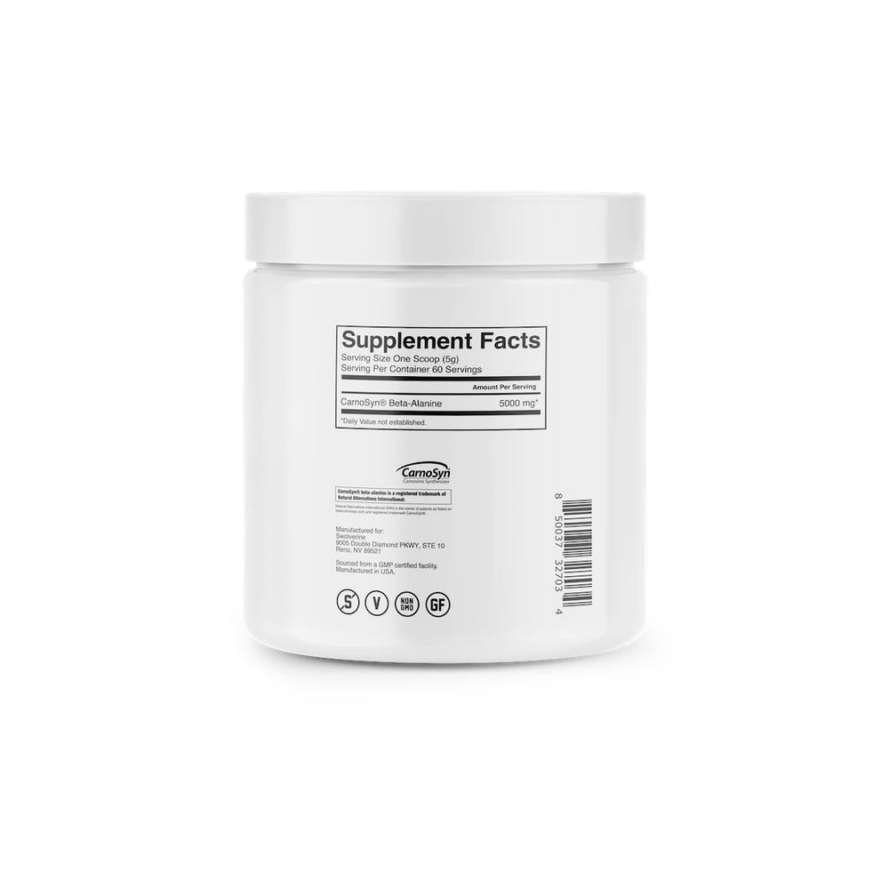 Back label featuring nutrition facts for Swolverine Beta-Alanine