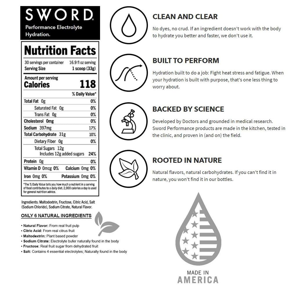 Front view of SWORD electrolyte powder Lemonade packaging with scoop