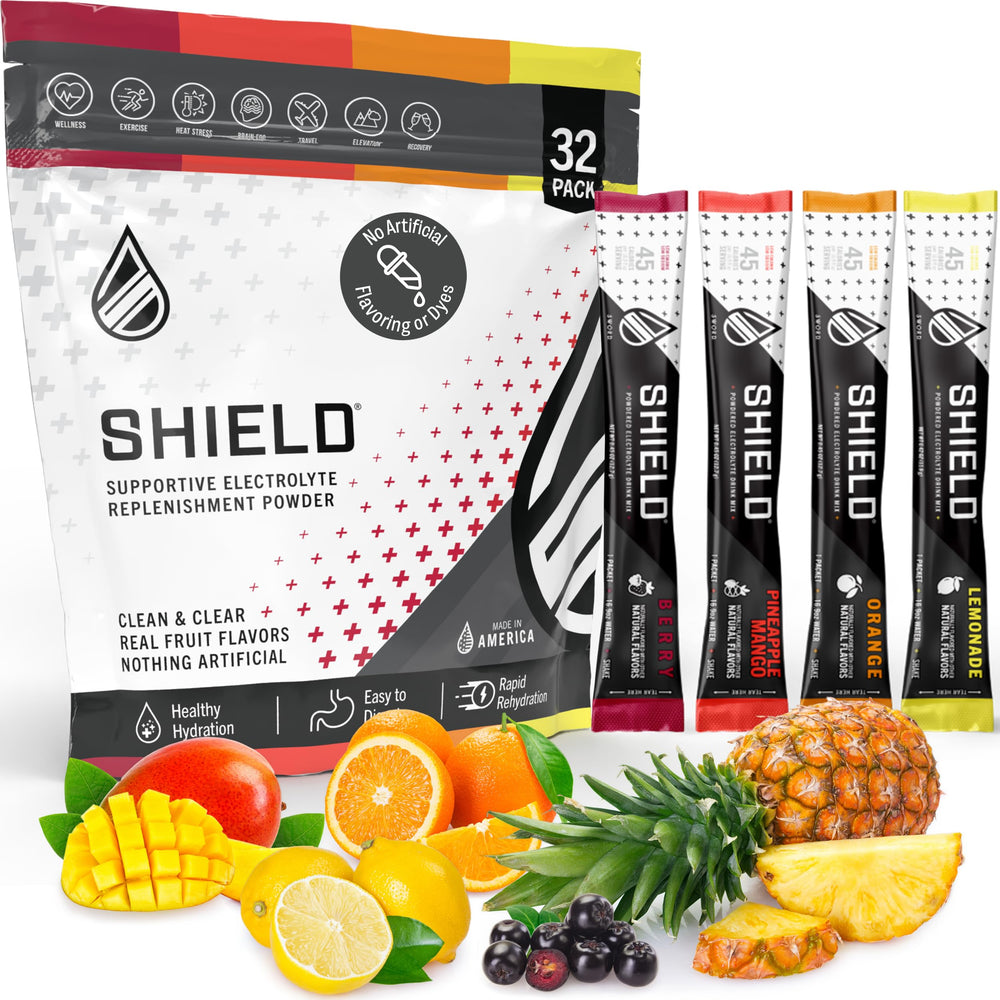 SWORD PERFORMANCE Shield electrolyte packet packaging showcases dye-free hydration option for daily use.