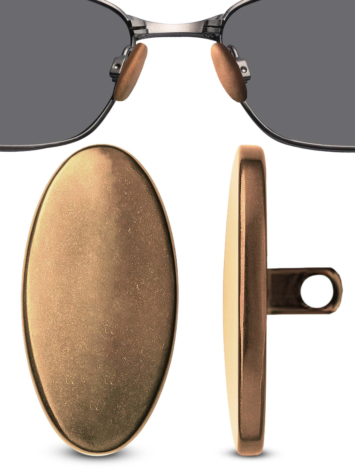 Rose gold titanium oval 13mm nose pads attached to glasses