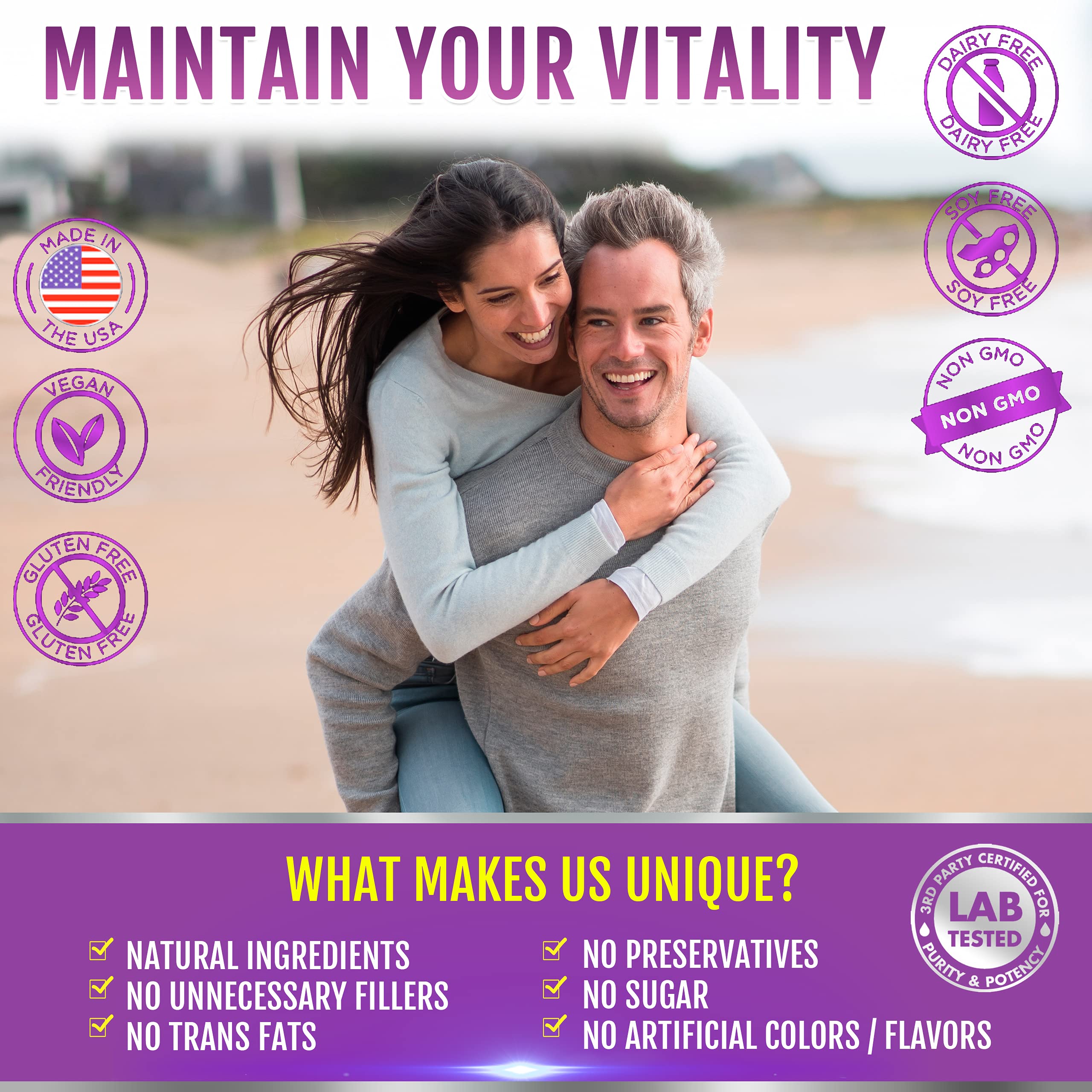 Label indicators: Non-GMO, gluten-free, vegan-friendly