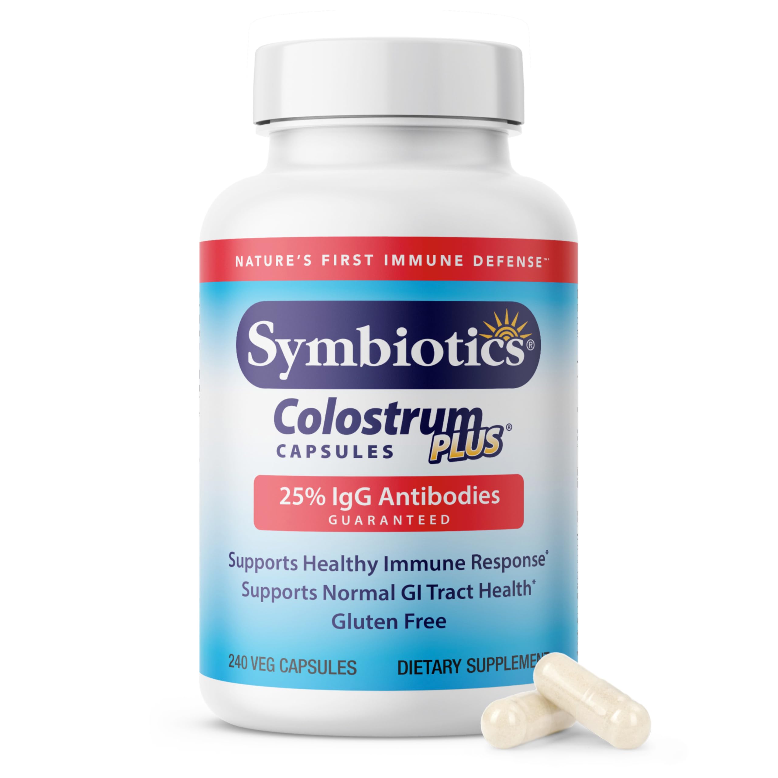Symbiotics Colostrum 240ct vegetable capsules bottle on white