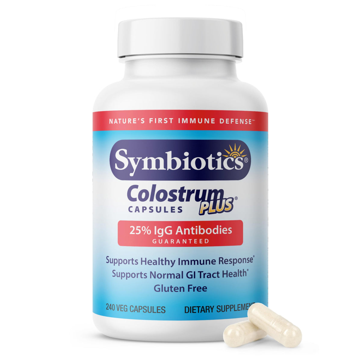 Symbiotics Colostrum 240ct vegetable capsules bottle on white