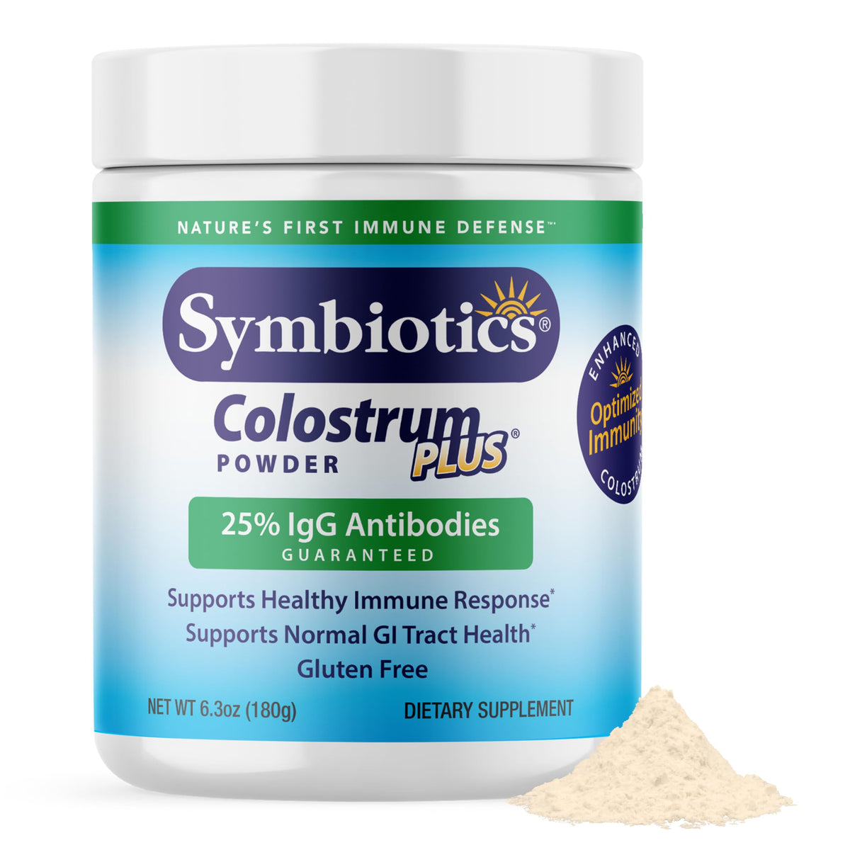 Front view of Symbiotics Colostrum Plus Powder 6.3 oz container