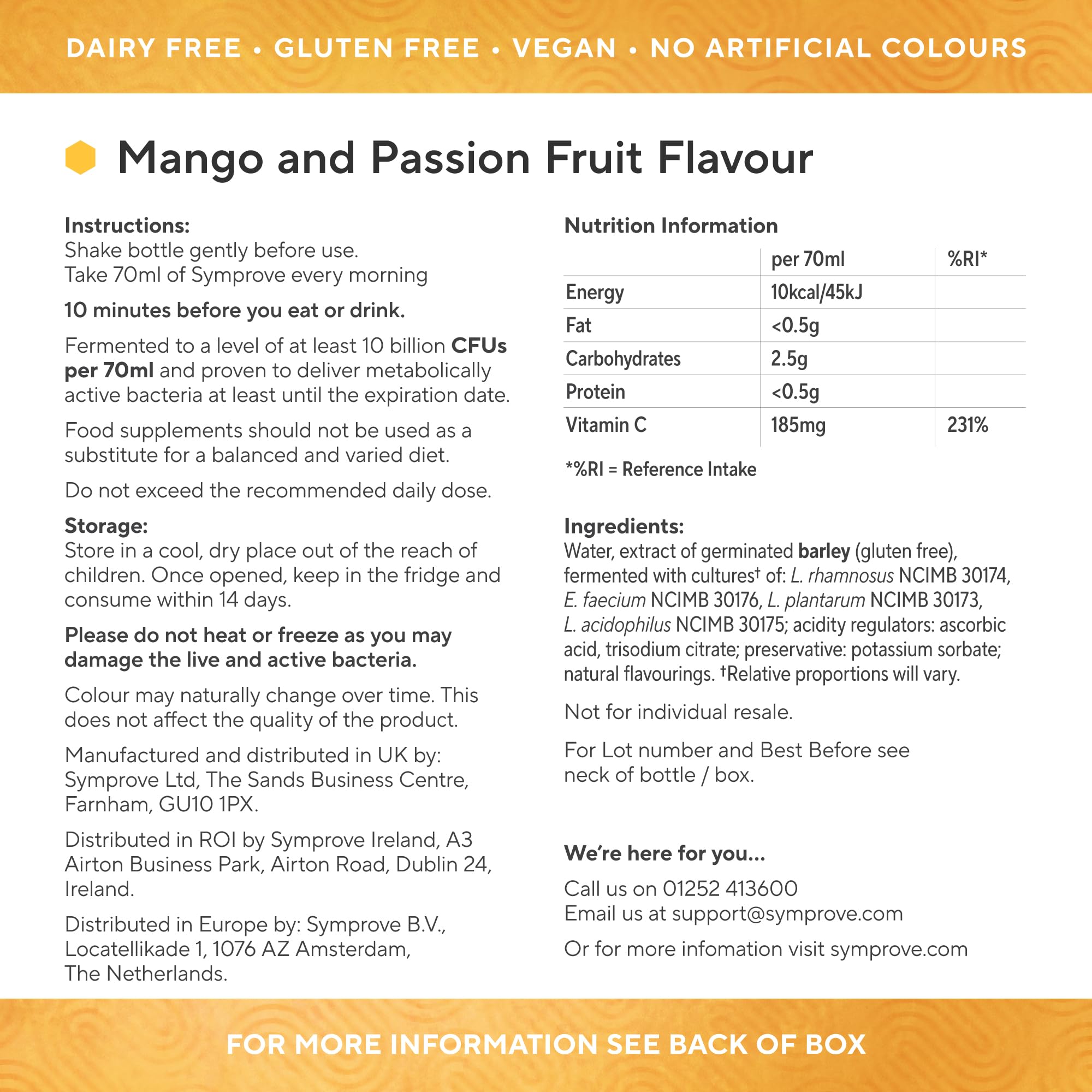 Pouring Symprove Mango and Passionfruit drink