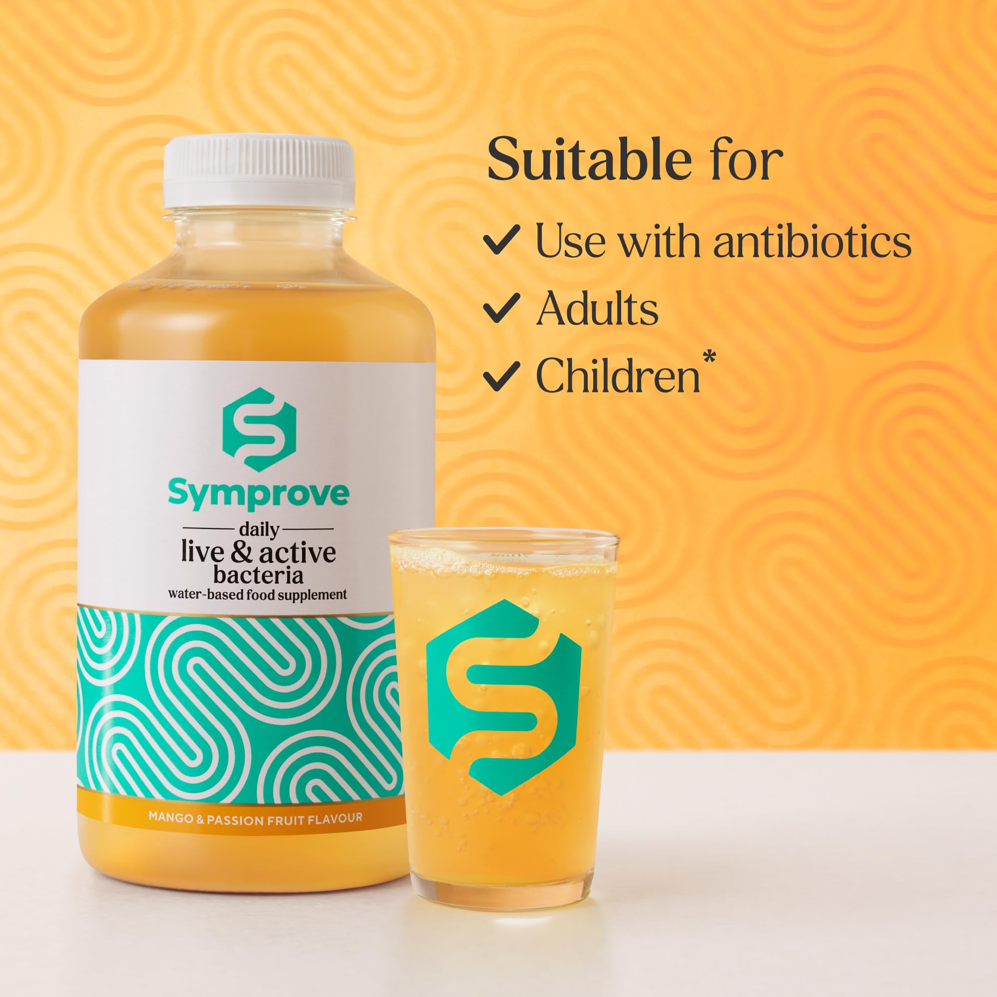Symprove Mango and Passionfruit bottle with tropical imagery