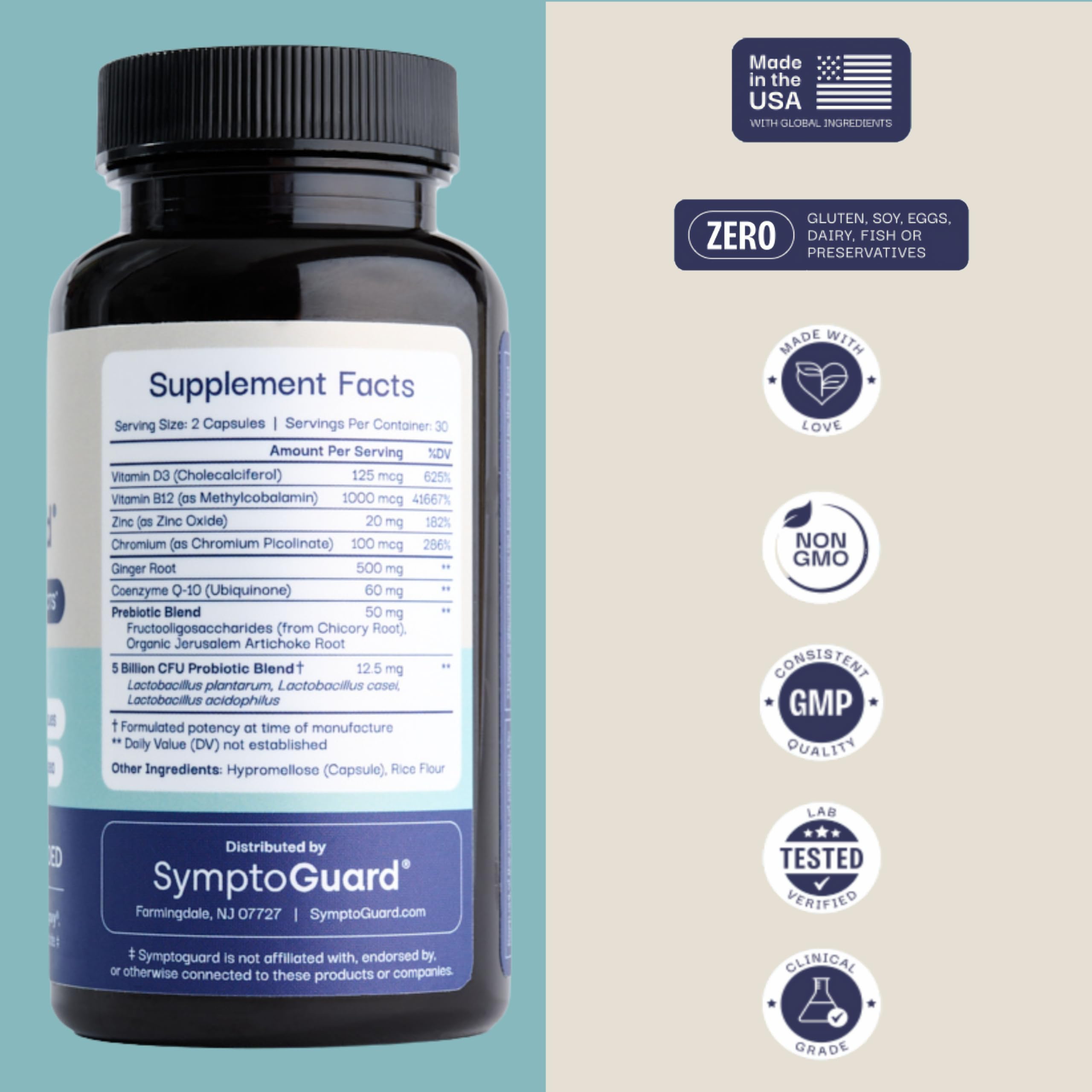 Probiotics and prebiotics for gut health highlighted on label