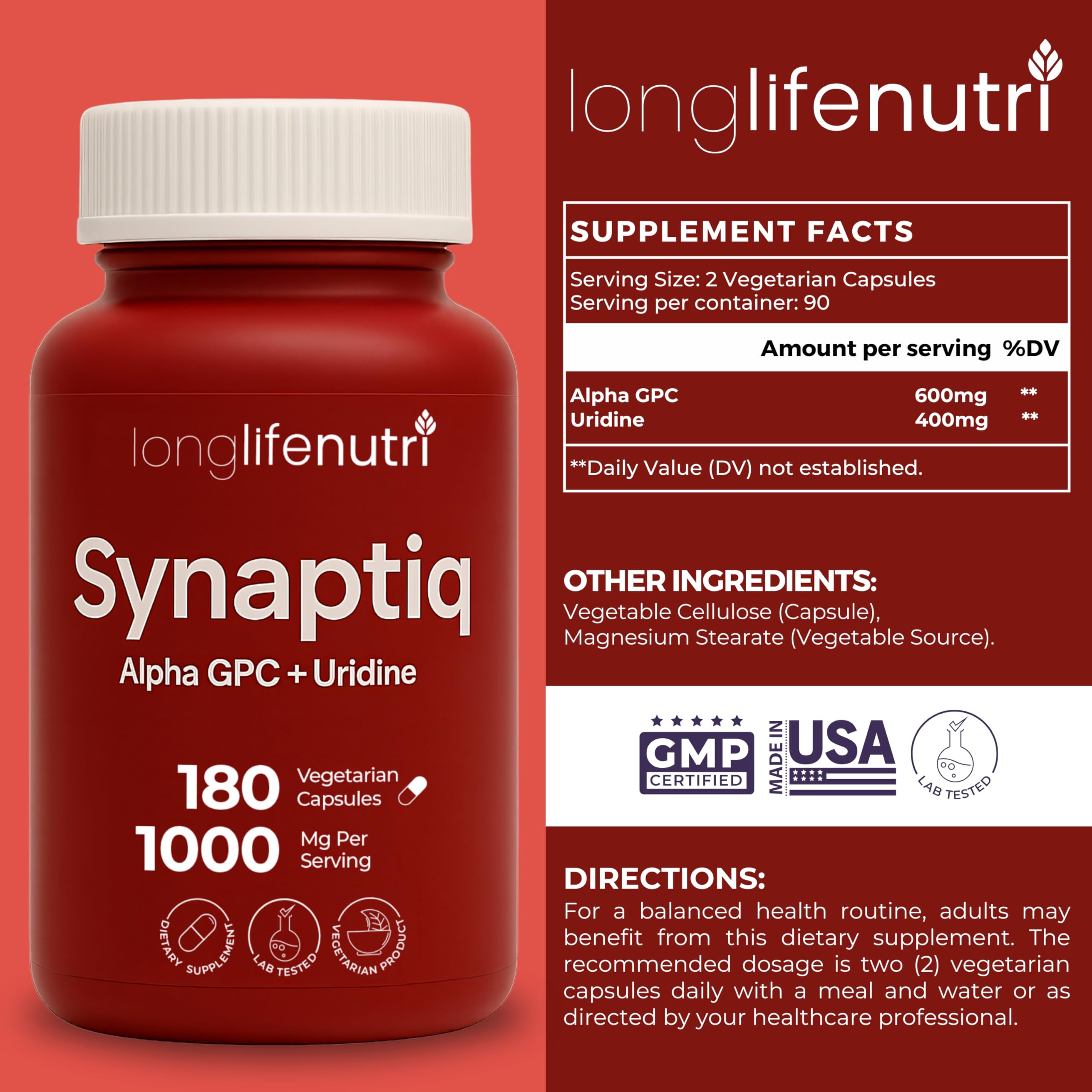Alpha GPC and Uridine Monophosphate ingredients on Synaptiq label