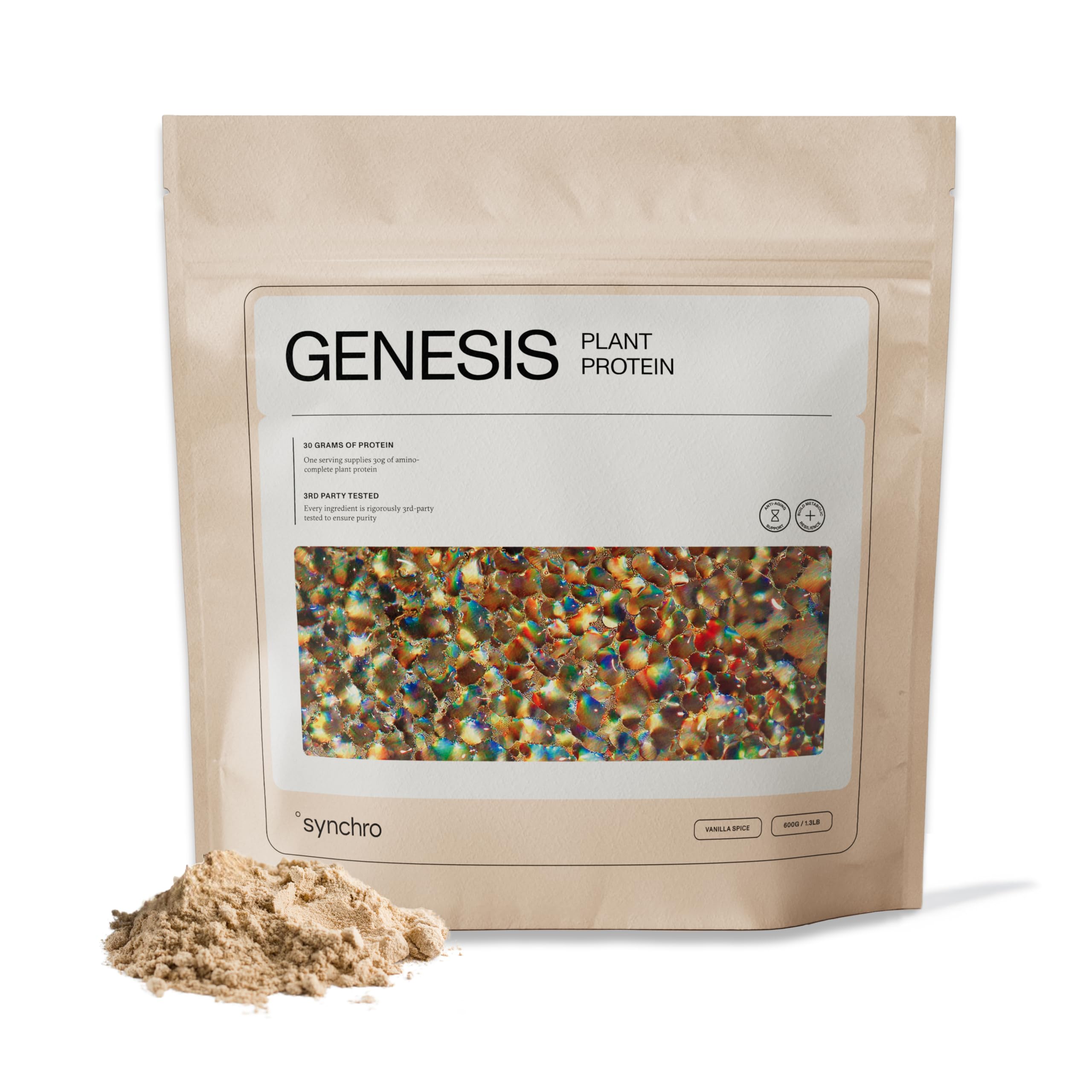 Synchro Genesis protein powder bottle in vanilla spice showcases convenient, workout-ready nutrition.