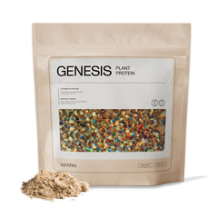 Synchro Genesis protein powder bottle in vanilla spice showcases convenient, workout-ready nutrition.