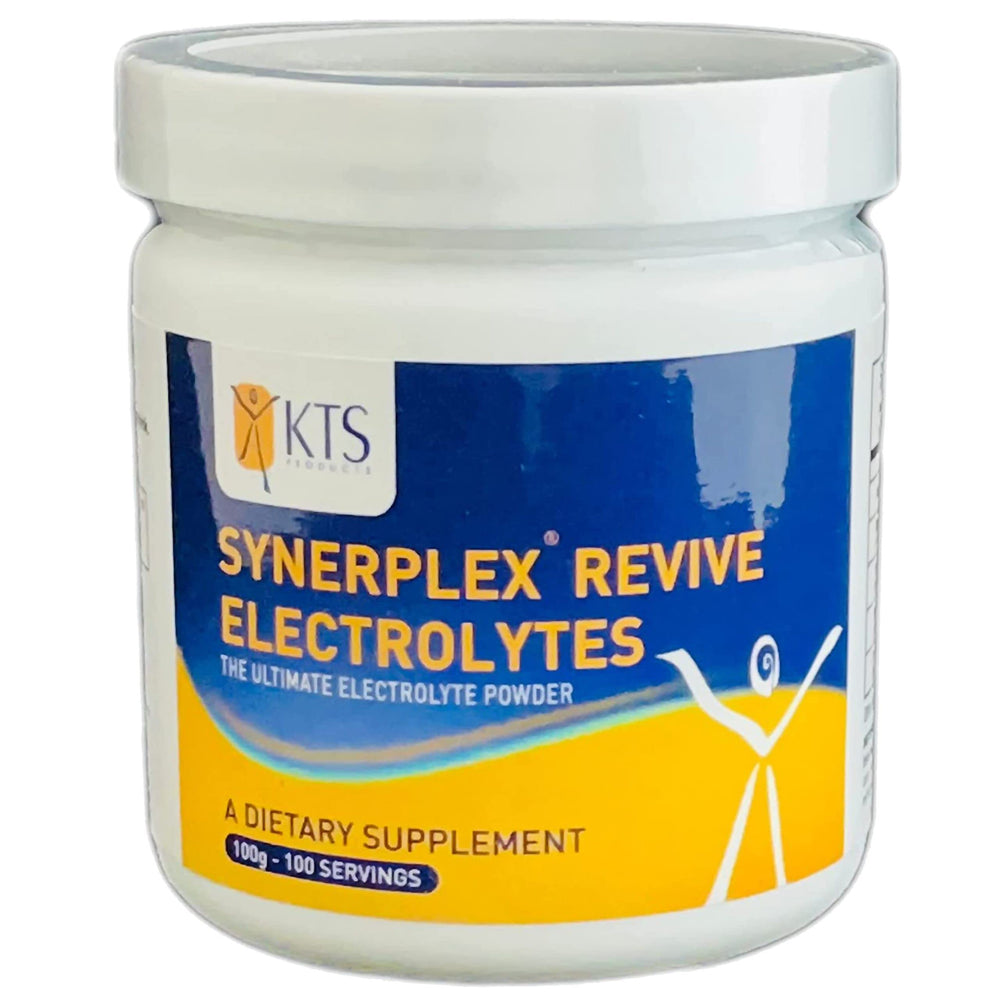 Synerplex Revive electrolyte powder tub front emphasizes hydration support.
