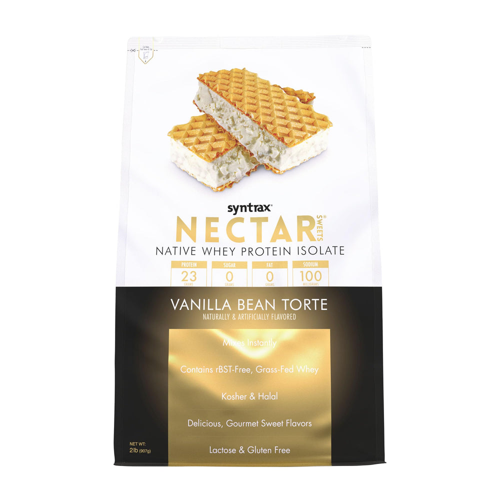 Syntrax Nectar Sweets canister with real vanilla specks for post-workout shakes.