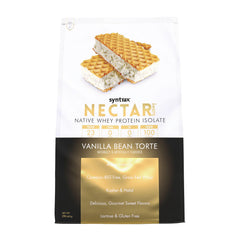 Syntrax Nectar Sweets canister with real vanilla specks for post-workout shakes.