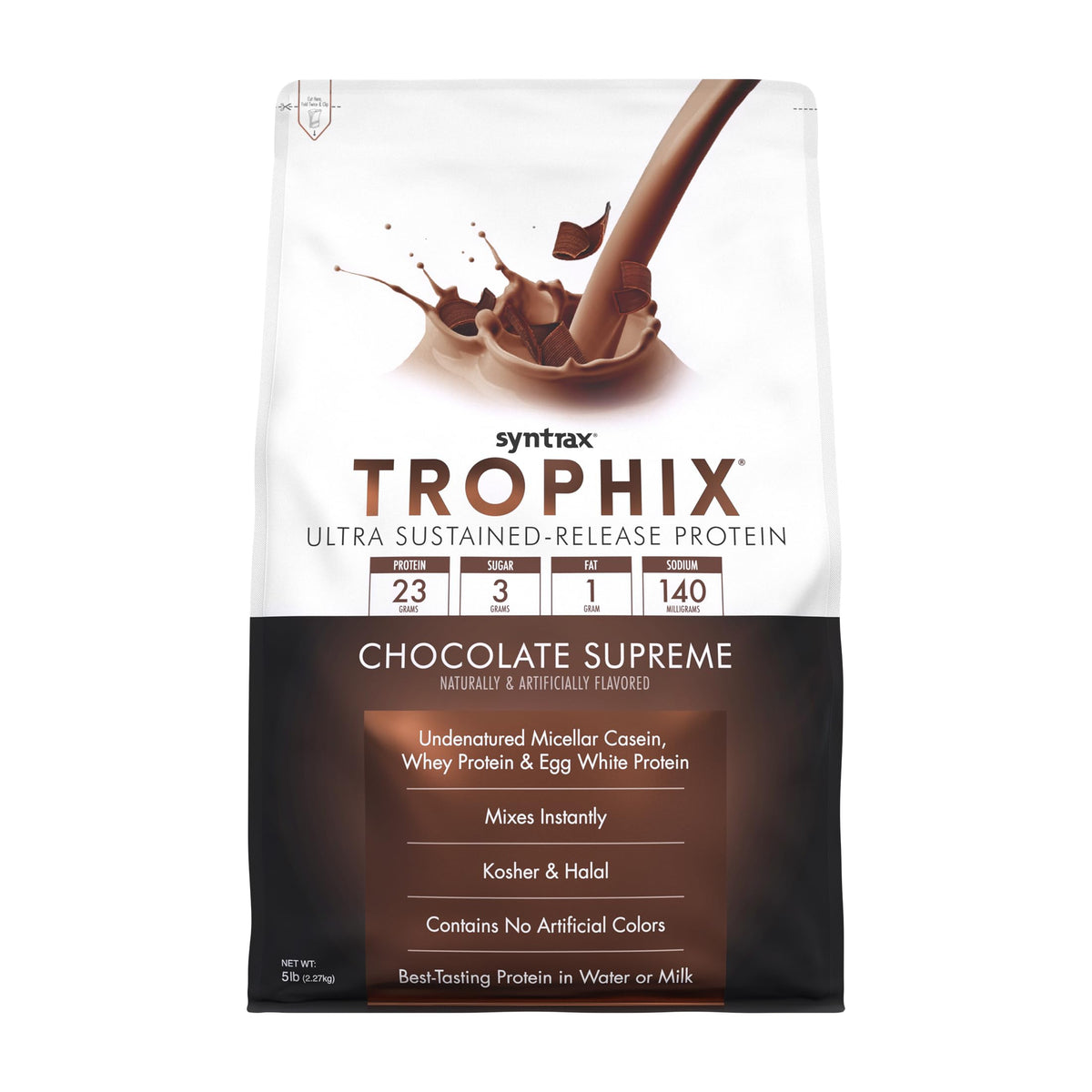 Syntrax Trophix bottle pour in chocolate for post-workout recovery