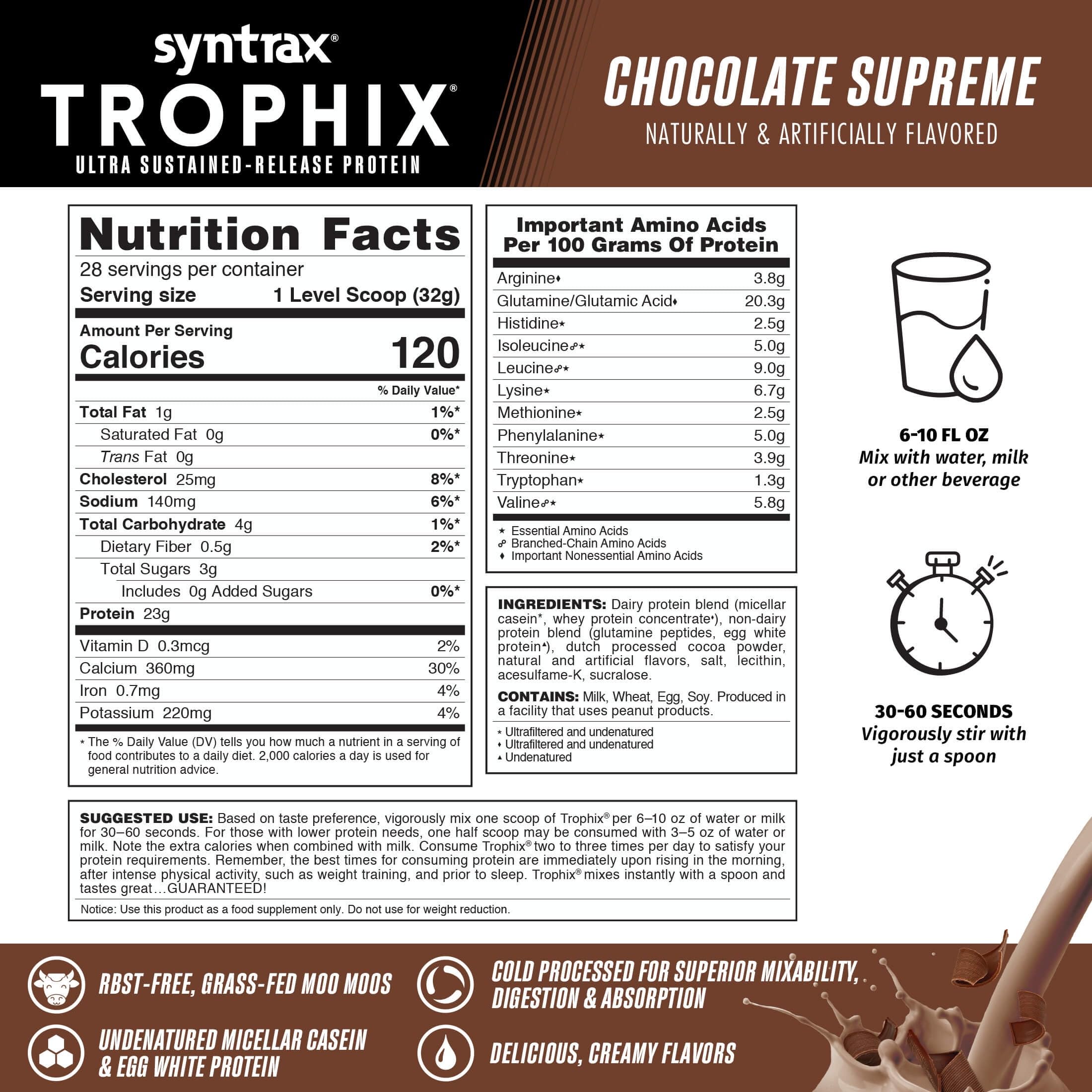 Syntrax Trophix chocolate scoop ready to mix for versatile use.