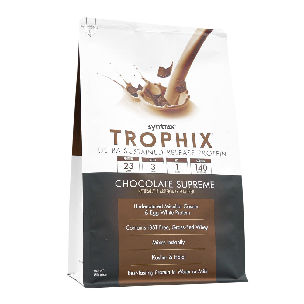 Syntrax Trophix chocolate shake in a glass showcases creamy texture.