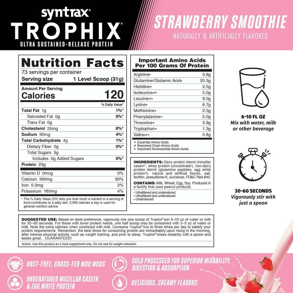 Syntrax Trophix micellar casein closeup emphasizes slow-release protein for steady amino acids overnight