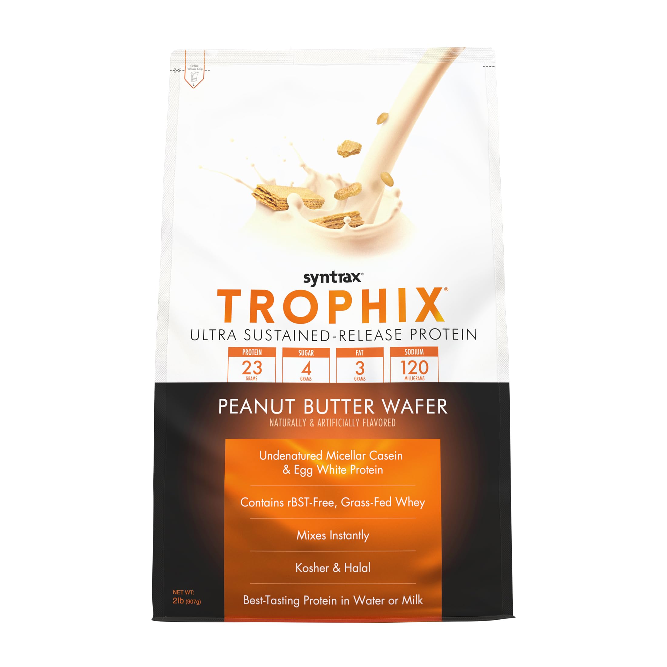 Syntrax Trophix bottle with peanut butter wafer, sustained-release protein for day-long nourishment.
