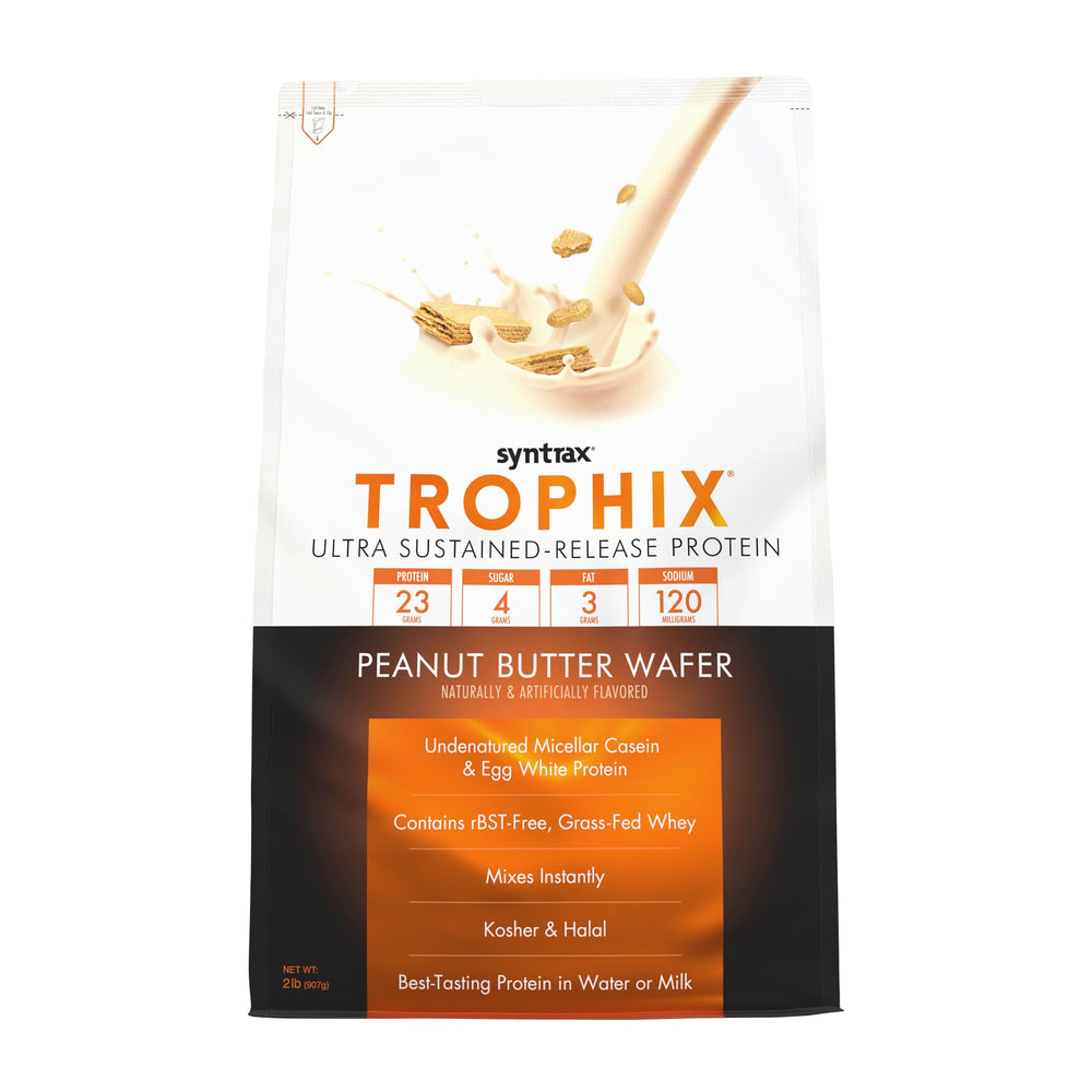 Syntrax Trophix bottle with peanut butter wafer, sustained-release protein for day-long nourishment.