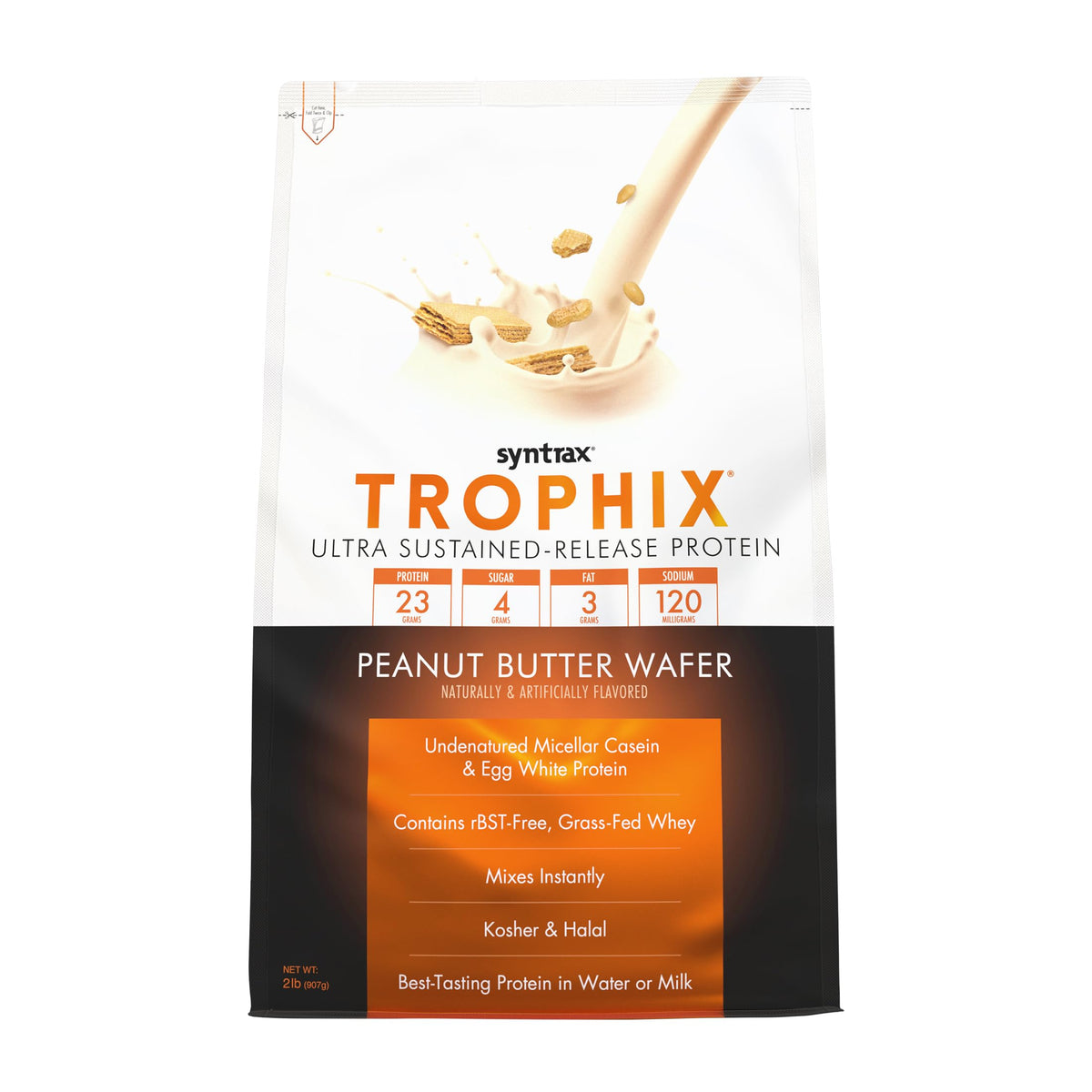 Syntrax Trophix bottle with peanut butter wafer, sustained-release protein for day-long nourishment.