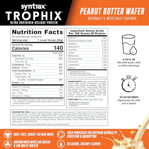 Syntrax Trophix peanut butter wafer blend, showing whey, egg white, casein mix textures.