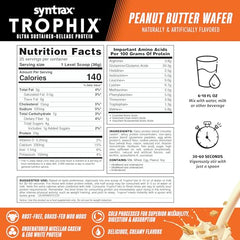 Syntrax Trophix peanut butter wafer blend, showing whey, egg white, casein mix textures.