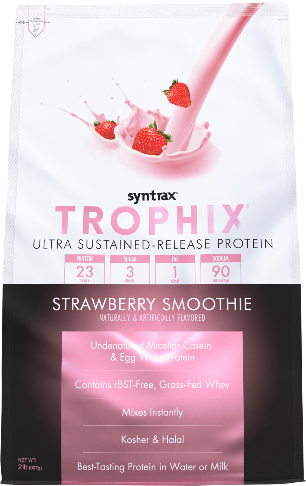 Syntrax Trophix ultra sustained-release powder tub showcases multi-source protein for steady amino acids.