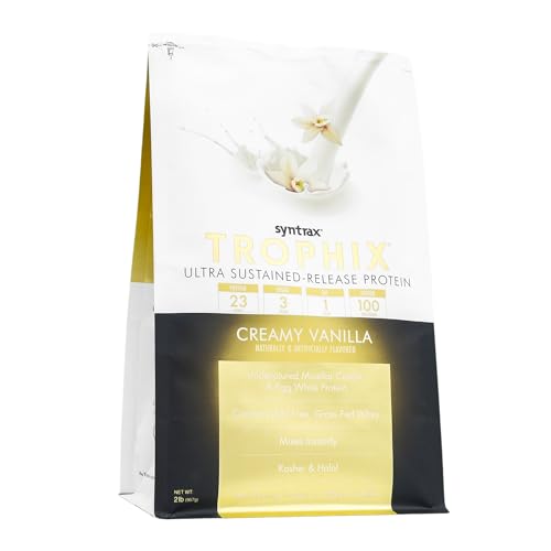Syntrax Trophix vanilla powder scoop highlighting fast and slow-release proteins.